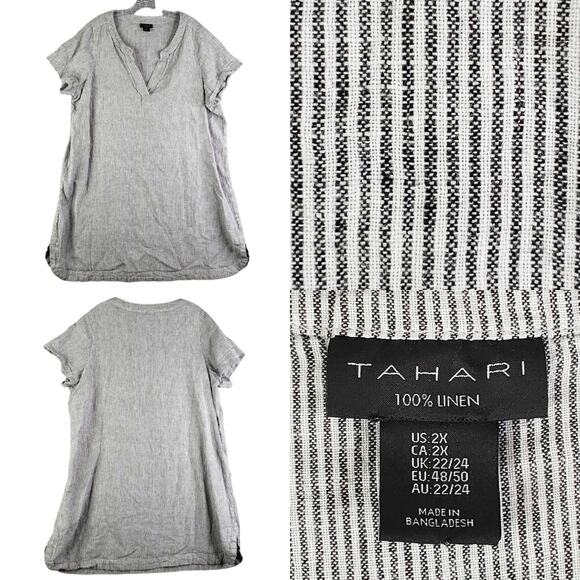 Tahari Dress Women's Plus Size 2X White Striped Linen Resort Lagenlook SS - Picture 1 of 7
